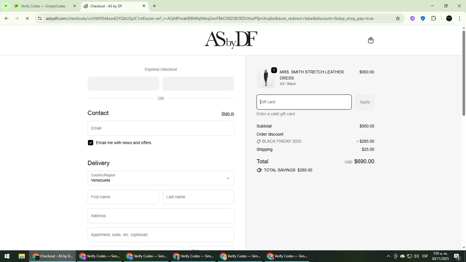 AS By DF promo code screenshot showing code ASBYDF15 applied at AS By DF checkout page. Uploaded by SimplyCodes community member CarmenVGR on Nov 30, 2025