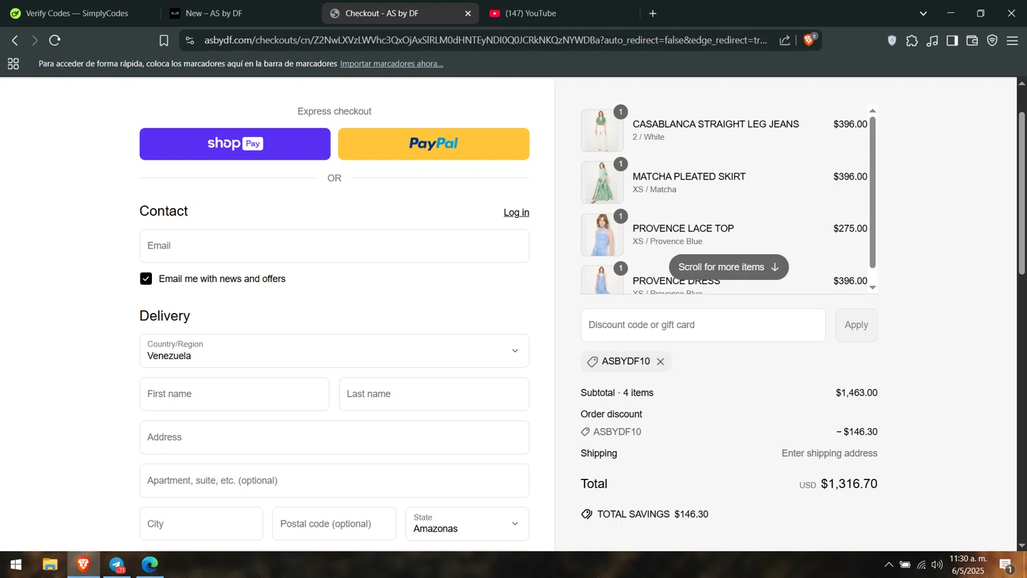 AS By DF promo code screenshot showing code ASBYDF10 applied at AS By DF checkout page. Uploaded by SimplyCodes community member leonj9624 on May 6, 2025