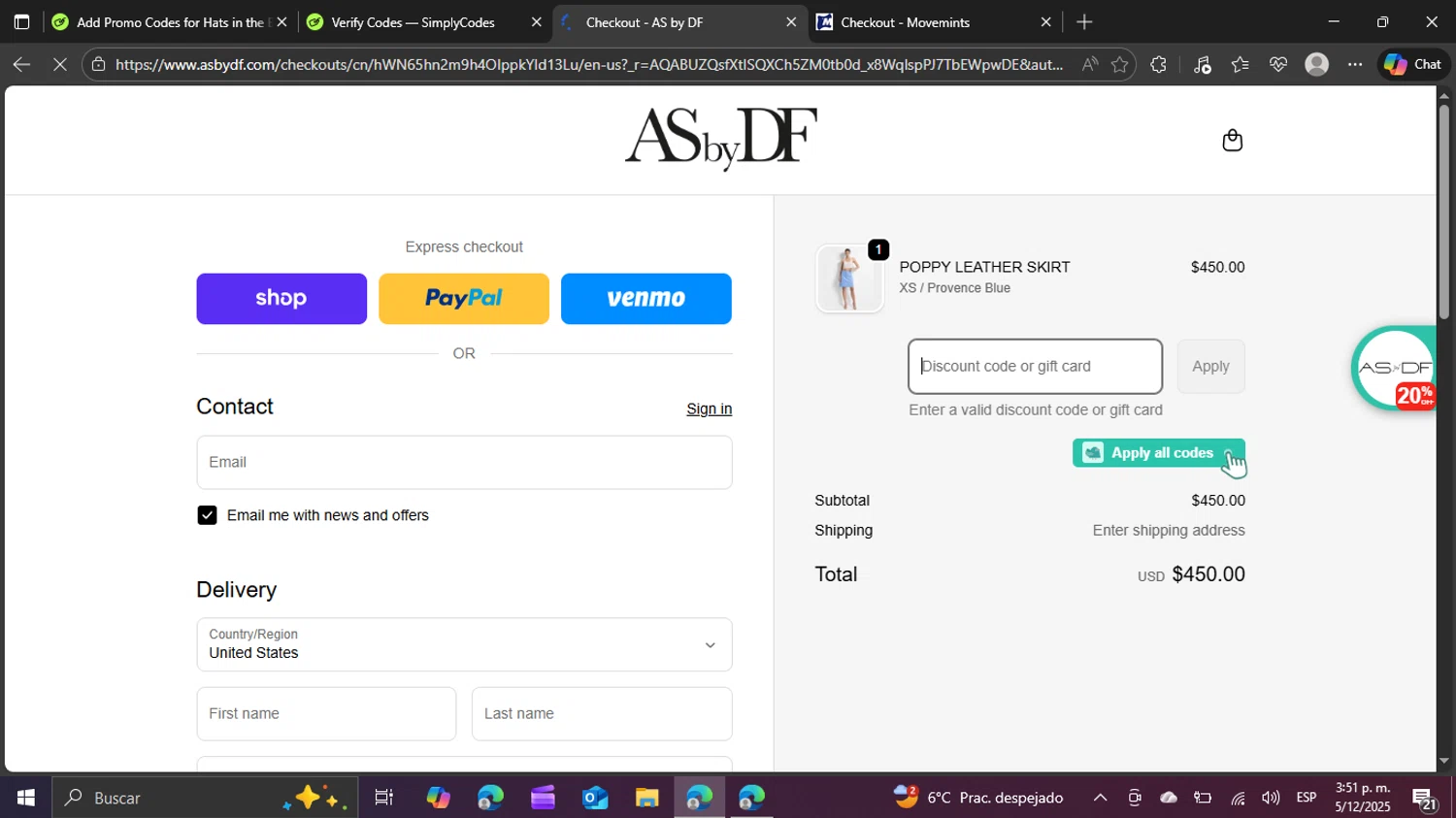 AS By DF promo code screenshot showing code BFVIP applied at AS By DF checkout page. Uploaded by SimplyCodes community member BudgetPro6018 on Dec 5, 2025