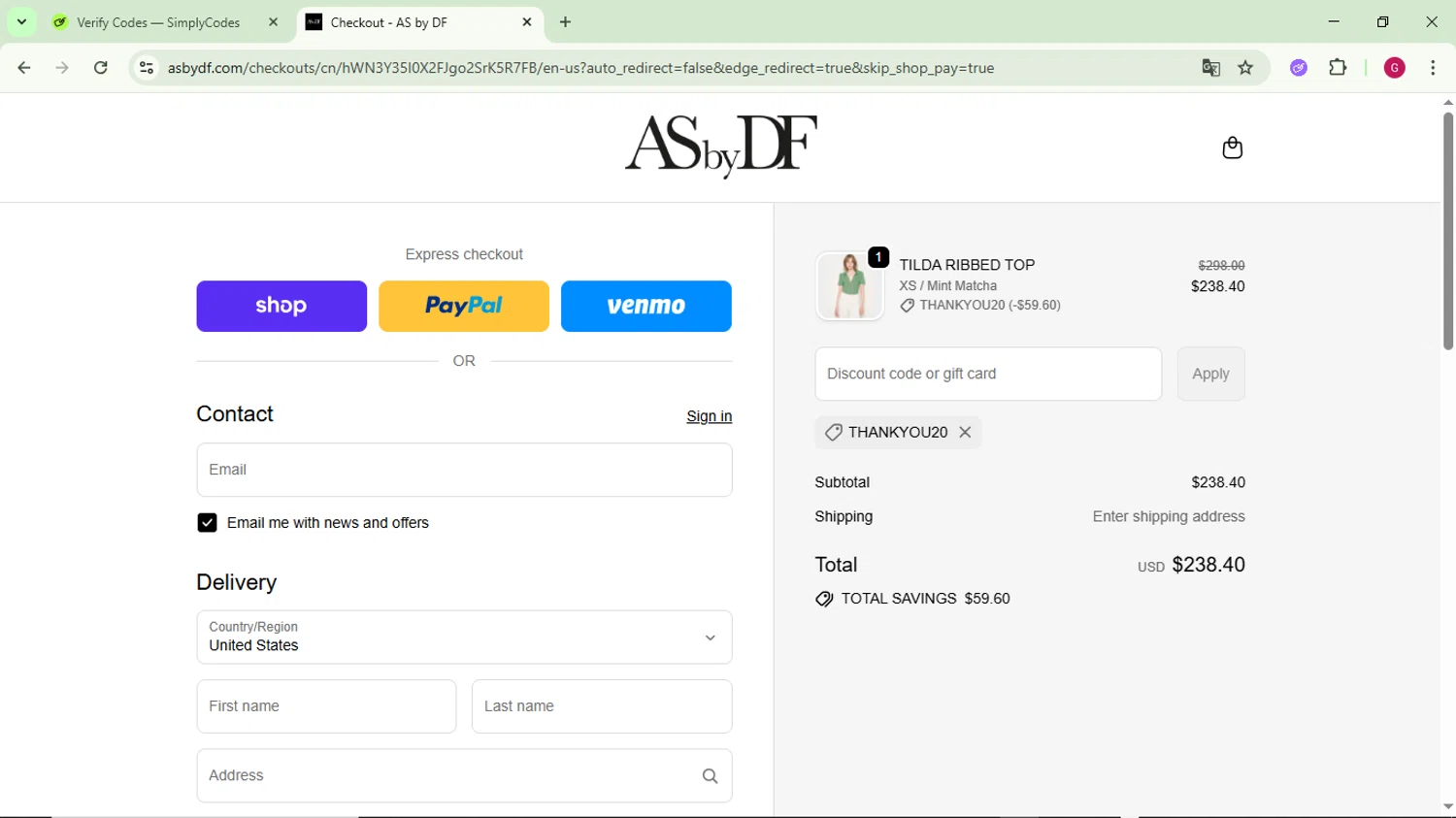 AS By DF promo code screenshot showing code THANKYOU20 applied at AS By DF checkout page. Uploaded by SimplyCodes community member CrownFinder3074 on Sep 29, 2025