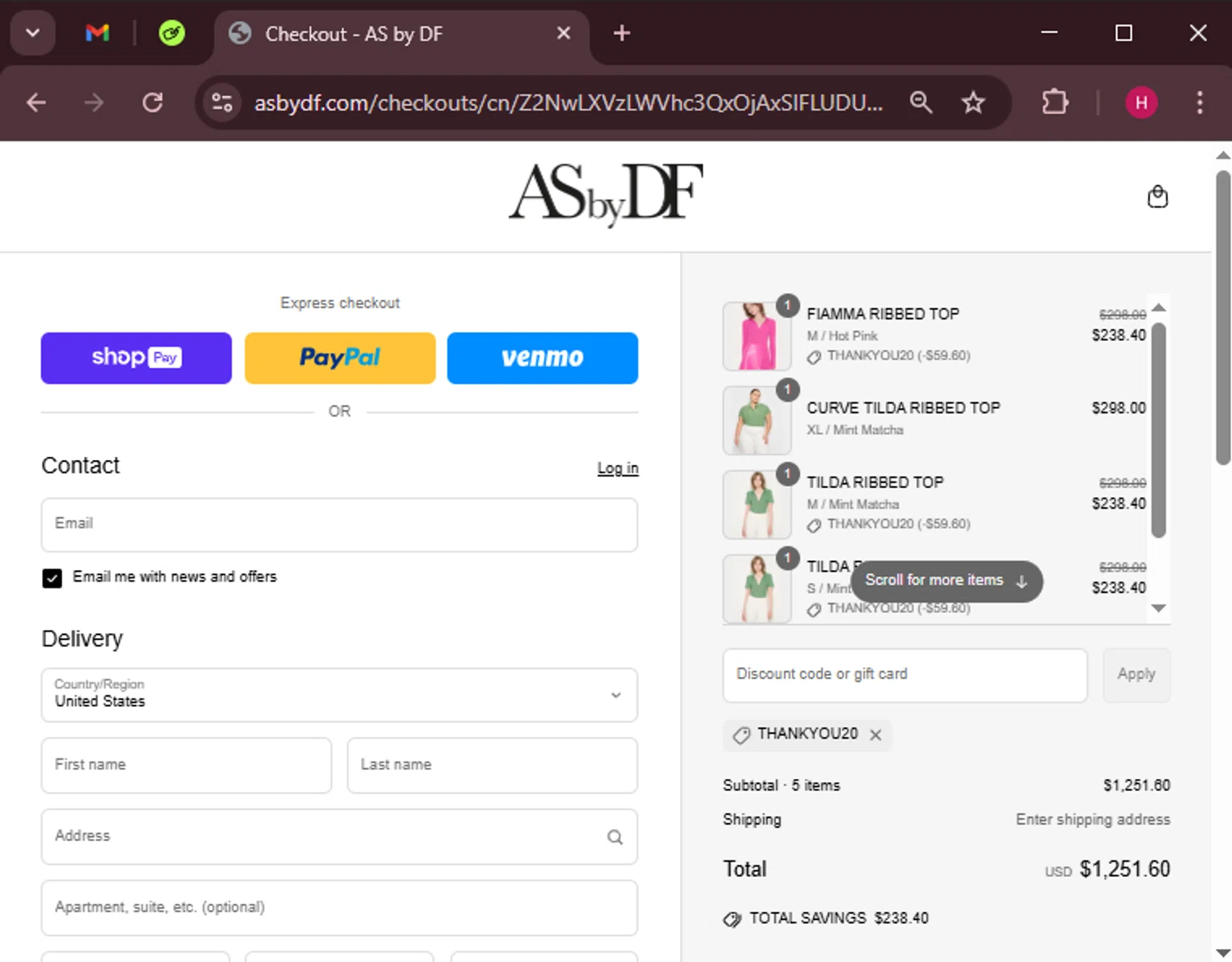 AS By DF promo code screenshot showing code THANKYOU20 applied at AS By DF checkout page. Uploaded by SimplyCodes community member RewardWarden8289 on Mar 30, 2025