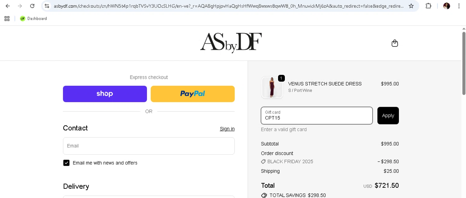 AS By DF promo code screenshot showing code CPT15 applied at AS By DF checkout page. Uploaded by SimplyCodes community member monicacaraballo on Nov 30, 2025