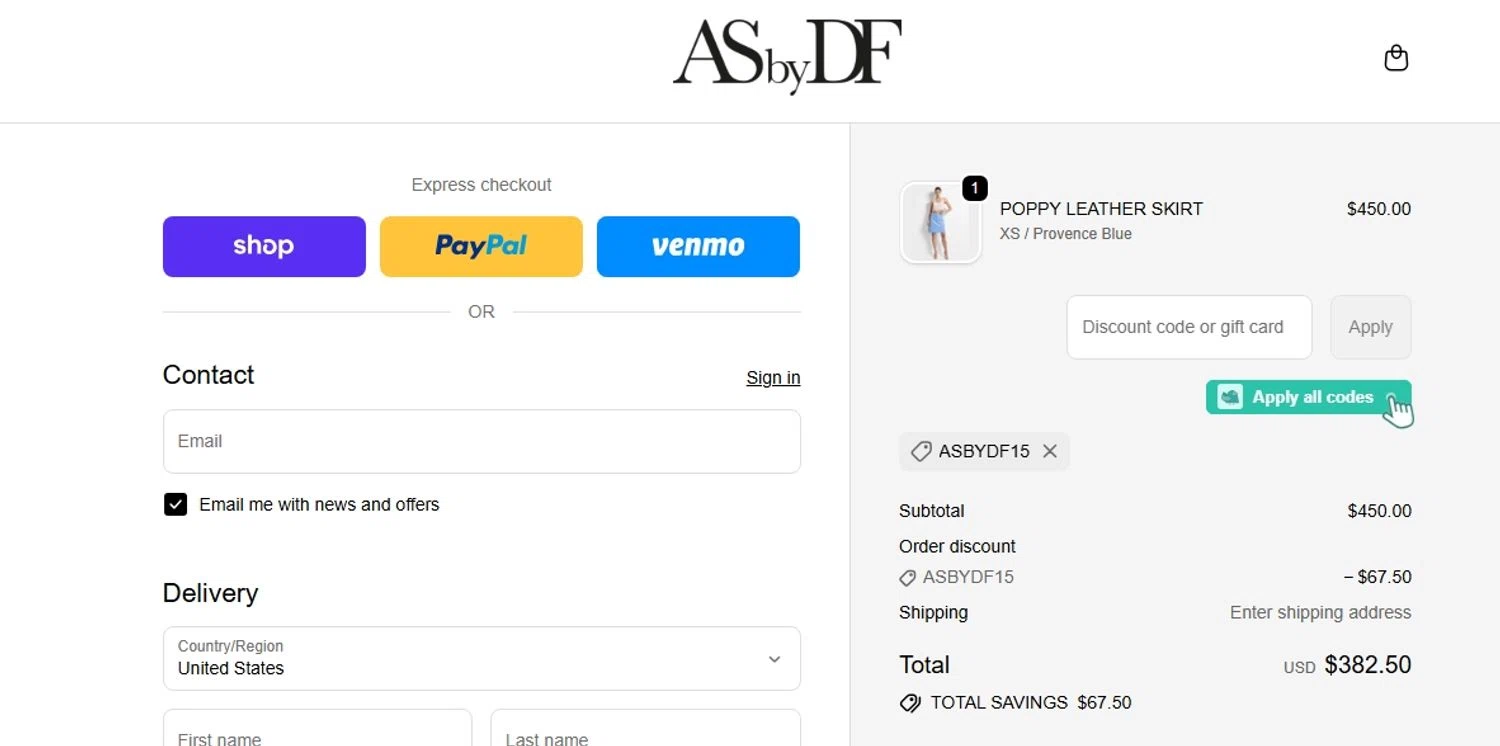 AS By DF promo code screenshot showing code ASBYDF15 applied at AS By DF checkout page. Uploaded by SimplyCodes community member BudgetPro6018 on Dec 5, 2025