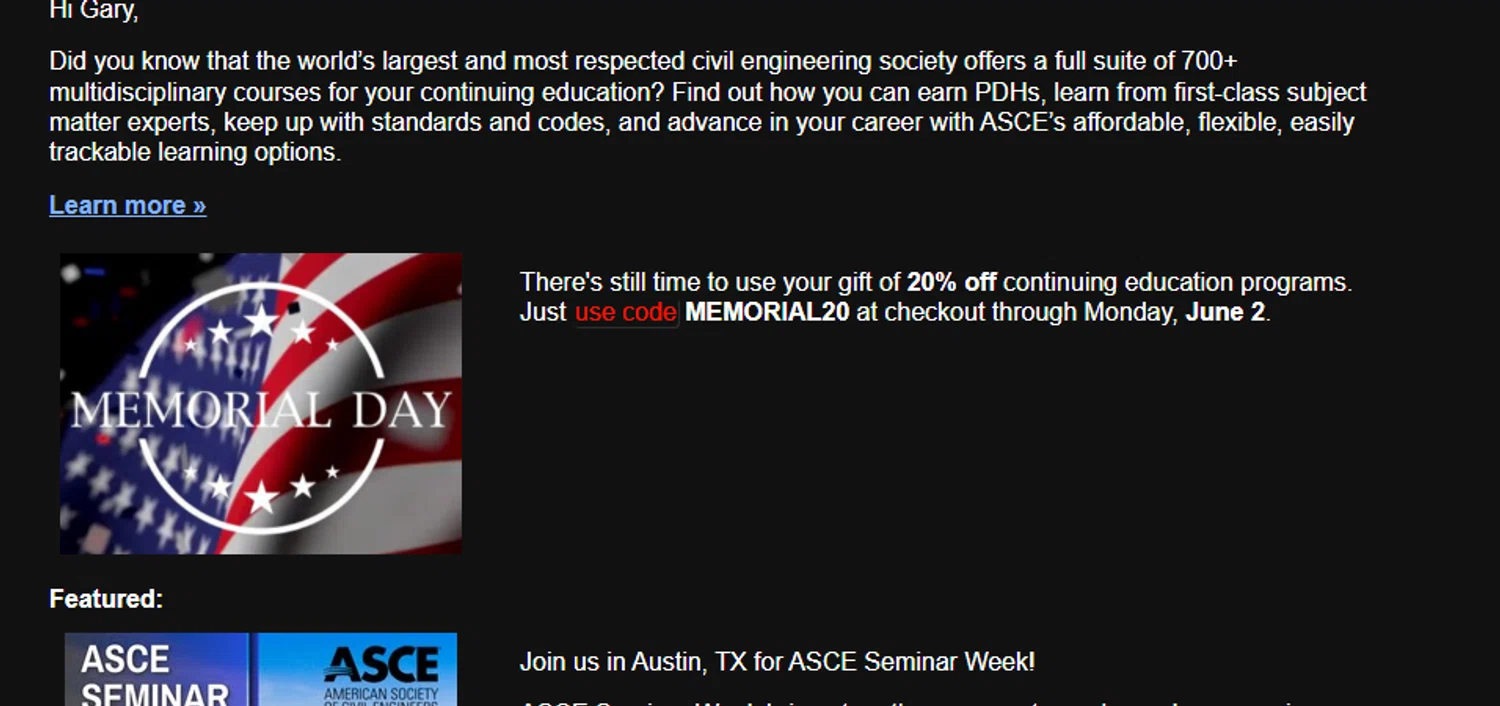 ASCE promo code screenshot showing code MEMORIAL20 applied at ASCE checkout page. Uploaded by SimplyCodes community member 111111 on May 30, 2025