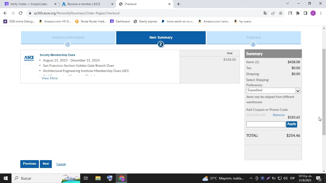 ASCE checkout page showing ASCE promo code box | Screenshot taken by SimplyCodes community member on Aug 21, 2023