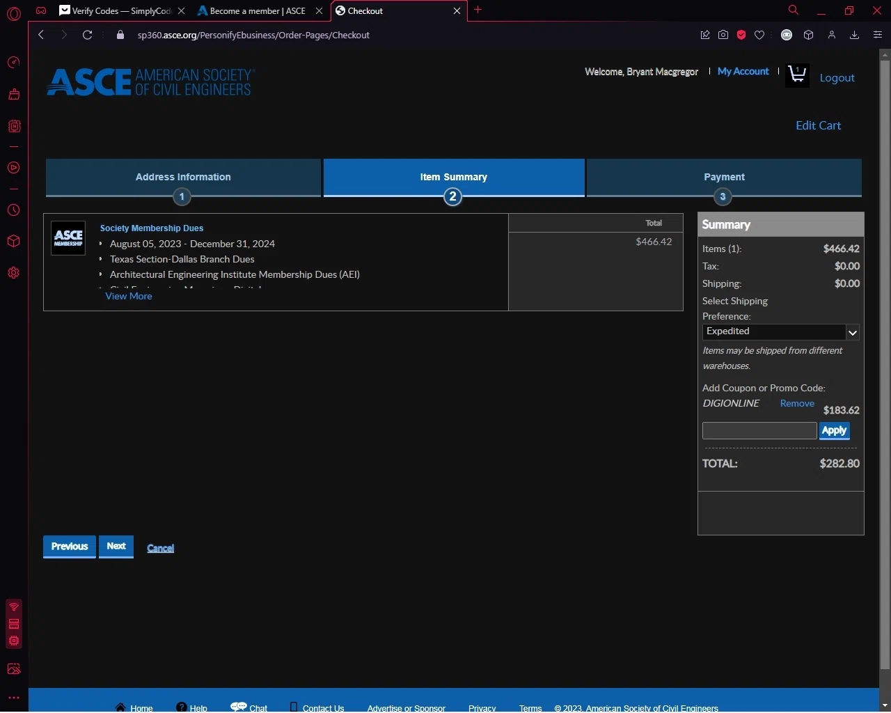 ASCE checkout page showing ASCE promo code box | Screenshot taken by SimplyCodes community member on Aug 5, 2023