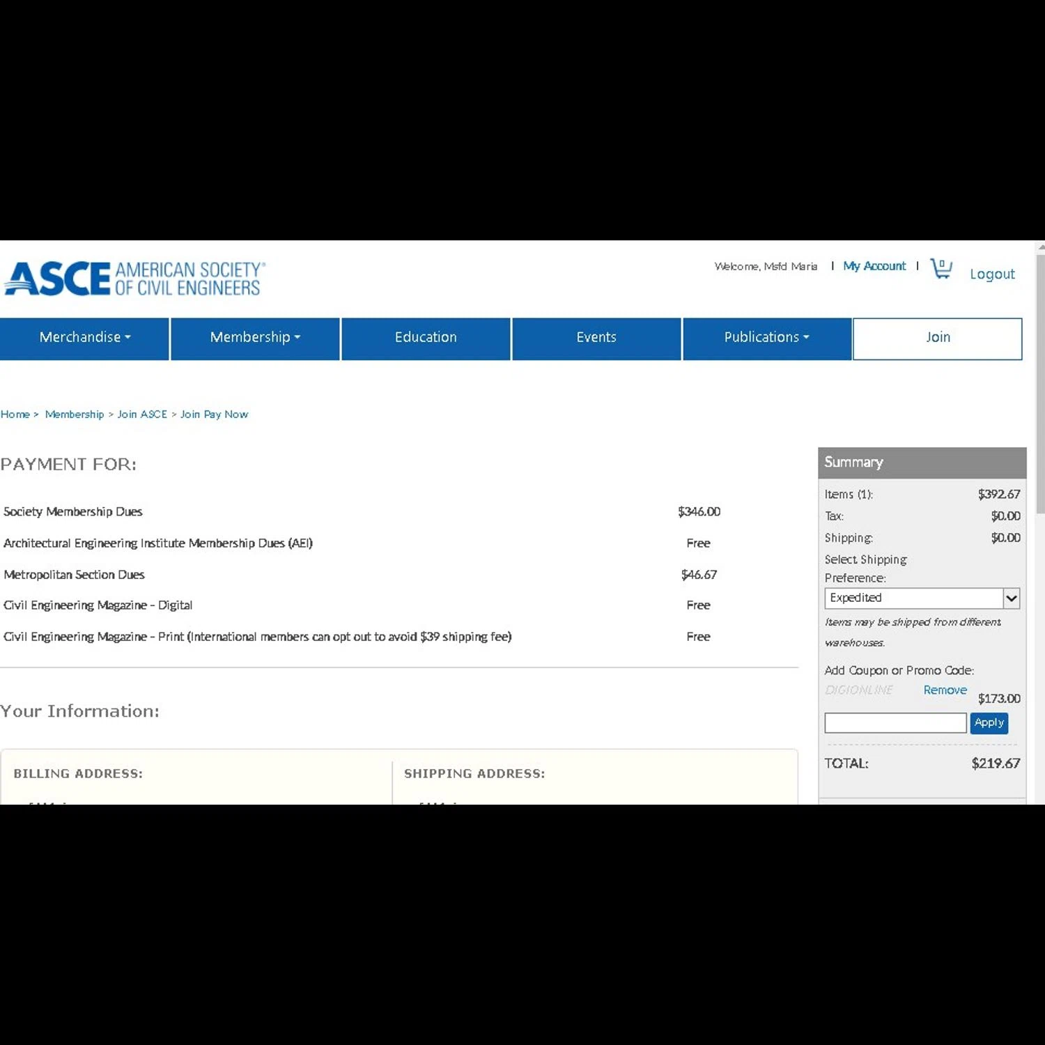 ASCE checkout page showing ASCE promo code box | Screenshot taken by SimplyCodes community member on Sep 3, 2023