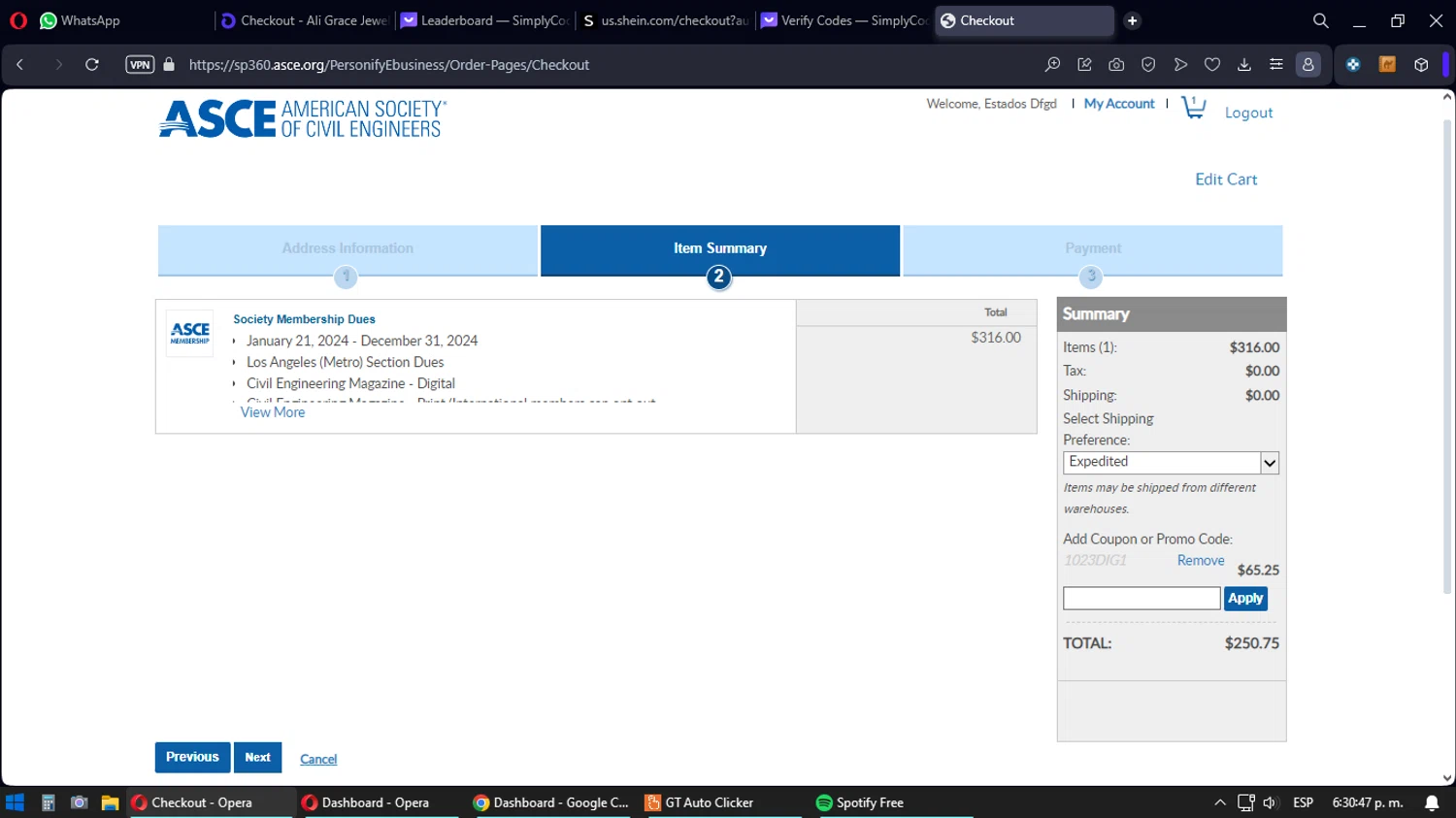 ASCE checkout page showing ASCE promo code box | Screenshot taken by SimplyCodes community member on Jan 21, 2024