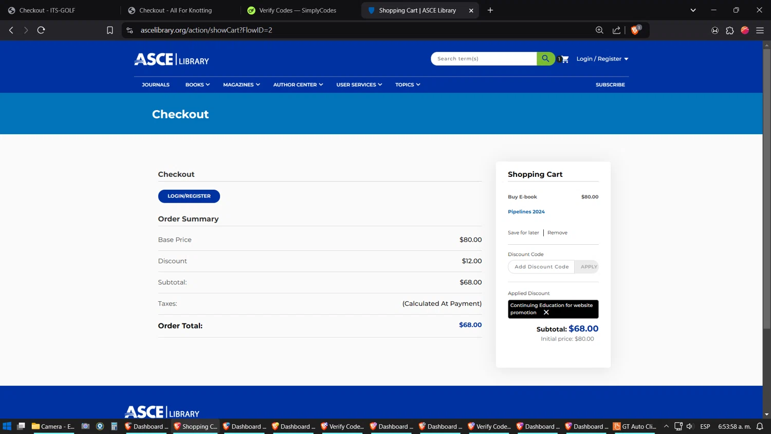 ASCE promo code screenshot showing code CEWeb24 applied at ASCE checkout page. Uploaded by SimplyCodes community member verifier_983798000 on Jan 3, 2025