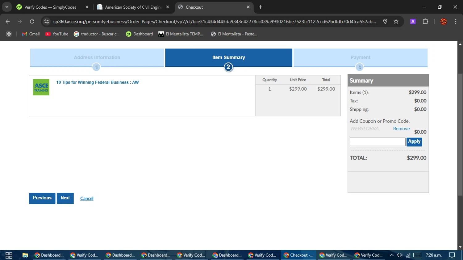 ASCE promo code screenshot showing code WEBSLOBRA applied at ASCE checkout page. Uploaded by SimplyCodes community member Rodolfo on Jan 3, 2025