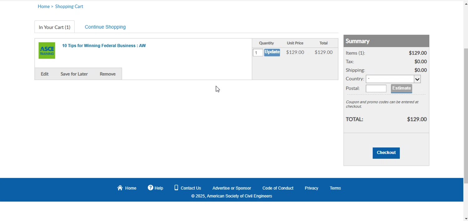 ASCE promo code screenshot showing code WEBSLOBRA applied at ASCE checkout page. Uploaded by SimplyCodes community member SucreX on Jan 3, 2025