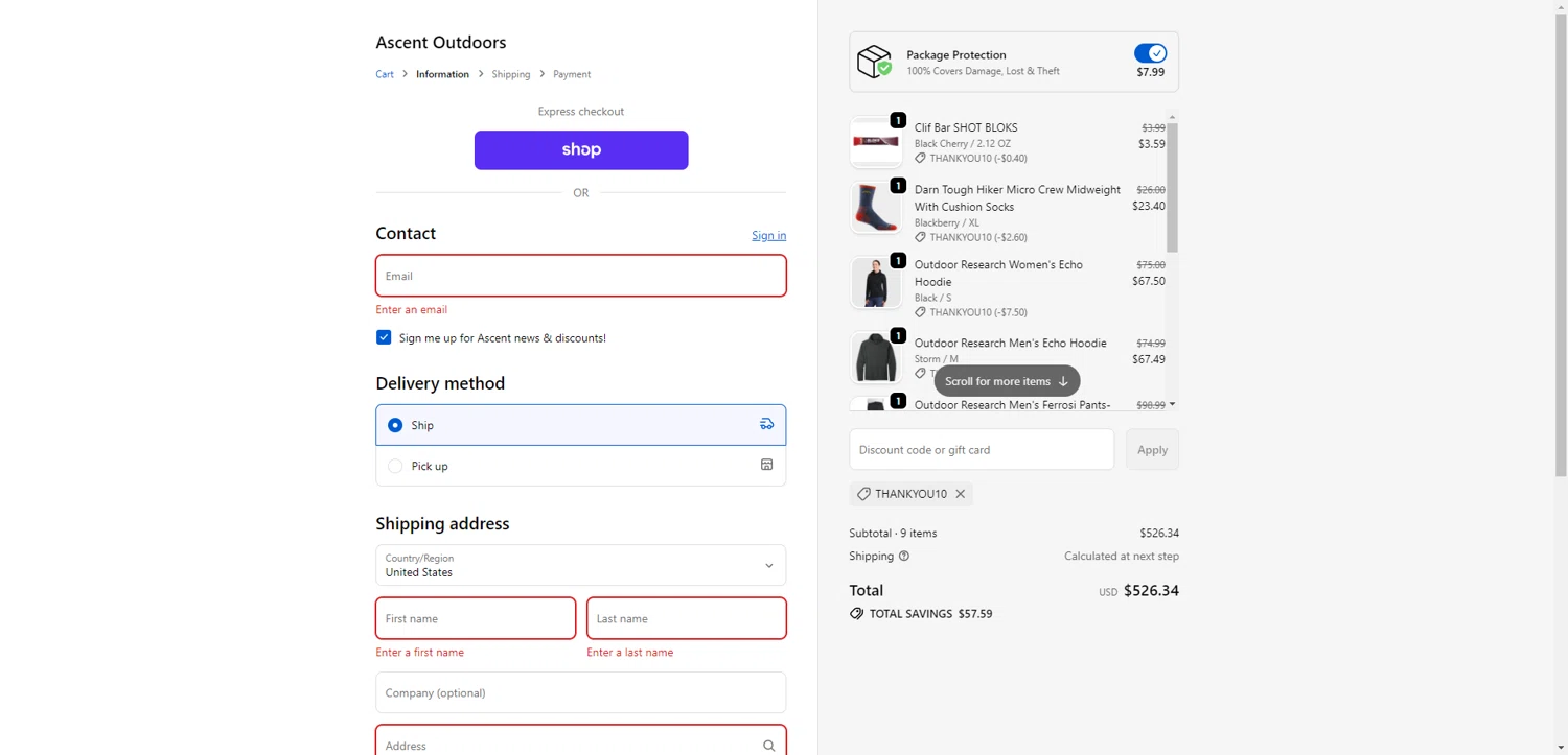 Ascent Outdoors promo code screenshot showing code thankyou10 applied at Ascent Outdoors checkout page. Uploaded by SimplyCodes community member PromoAdmiral6652 on Dec 15, 2025