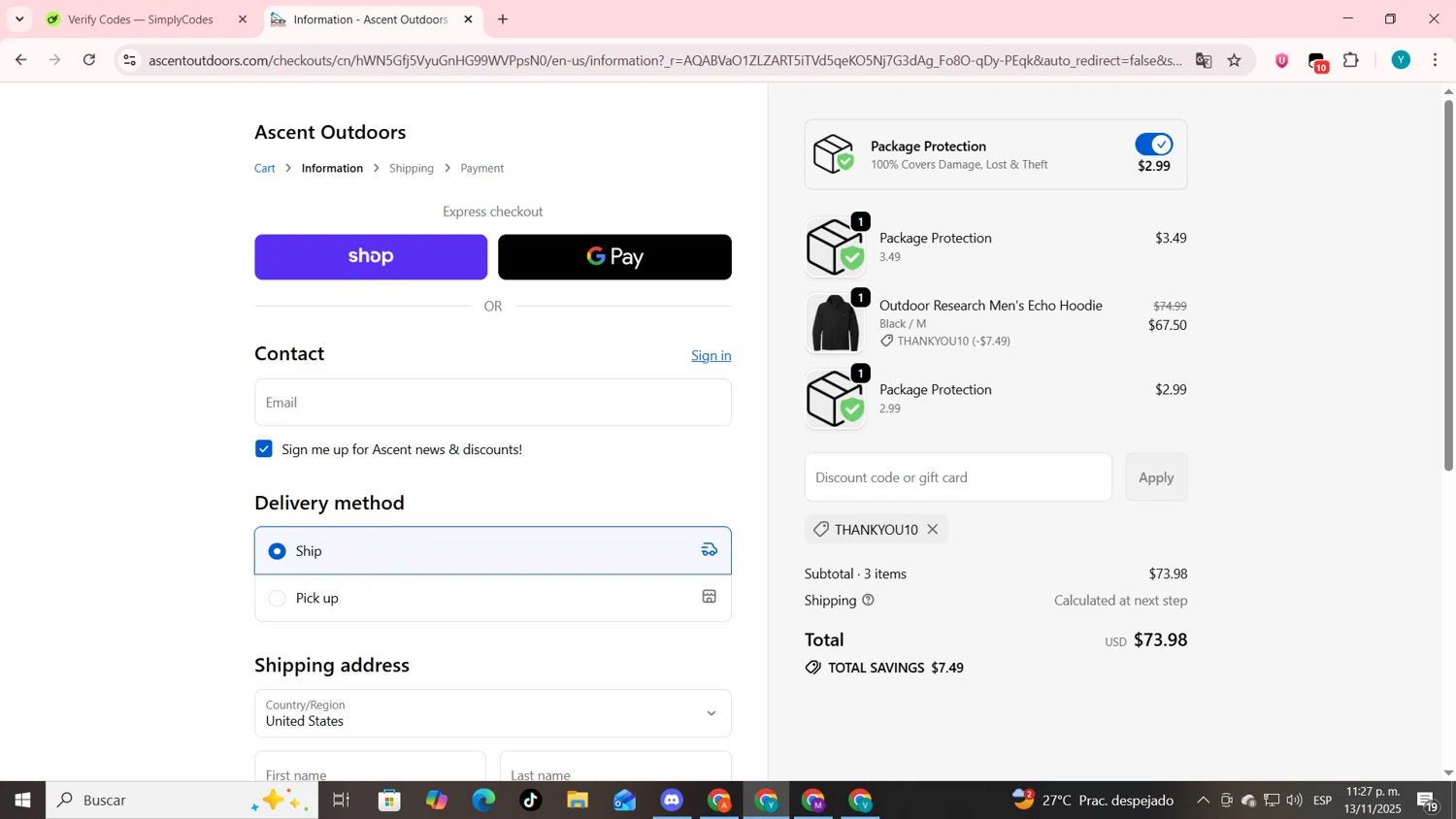 Ascent Outdoors promo code screenshot showing code thankyou10 applied at Ascent Outdoors checkout page. Uploaded by SimplyCodes community member codygakpo on Nov 14, 2025