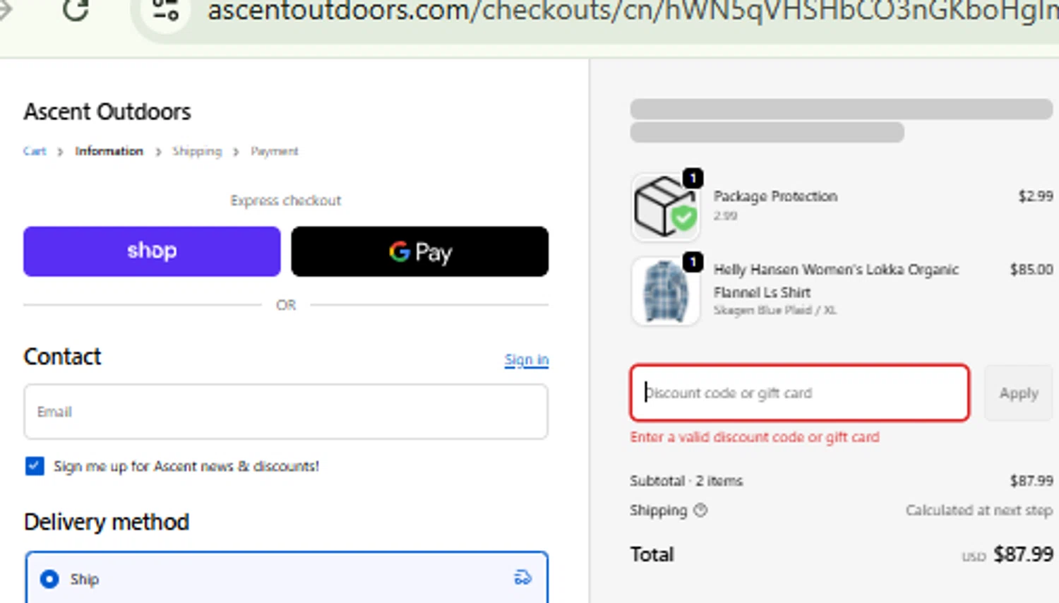 Ascent Outdoors promo code screenshot showing code PBF25 applied at Ascent Outdoors checkout page. Uploaded by SimplyCodes community member CashMaestro9337 on Nov 29, 2025