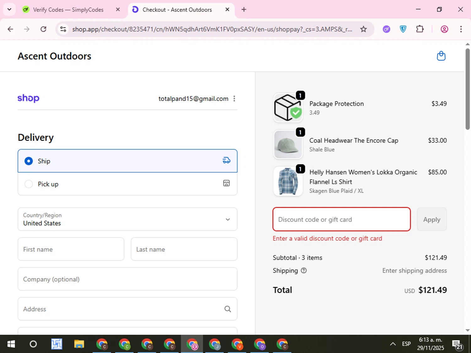 Ascent Outdoors promo code screenshot showing code PBF25 applied at Ascent Outdoors checkout page. Uploaded by SimplyCodes community member QuestCurator1644 on Nov 29, 2025