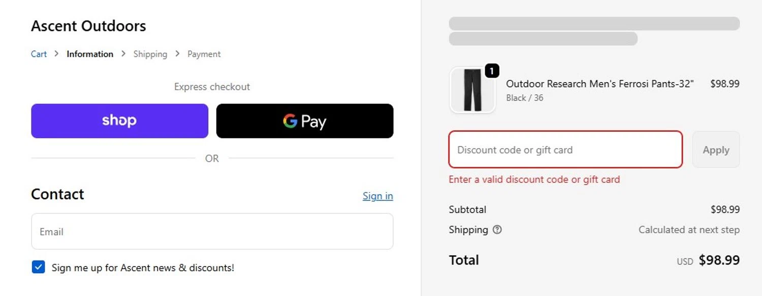 Ascent Outdoors promo code screenshot showing code AFFSHIP applied at Ascent Outdoors checkout page. Uploaded by SimplyCodes community member MoneyFalcon5538 on Dec 15, 2025