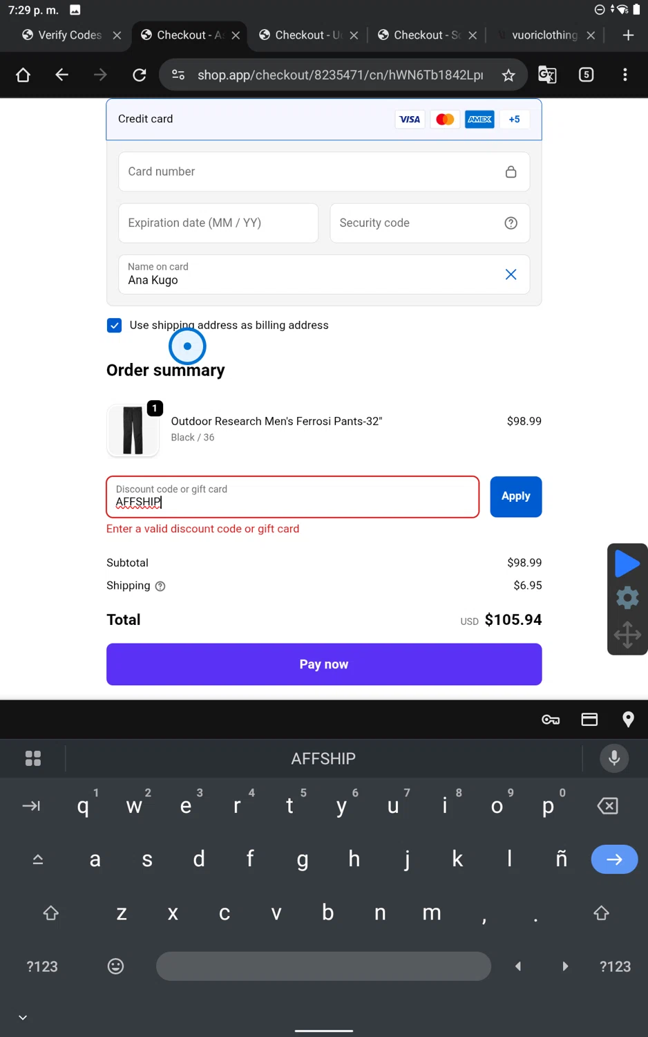 Ascent Outdoors promo code screenshot showing code AFFSHIP applied at Ascent Outdoors checkout page. Uploaded by SimplyCodes community member SmartWhiz9028 on Dec 15, 2025