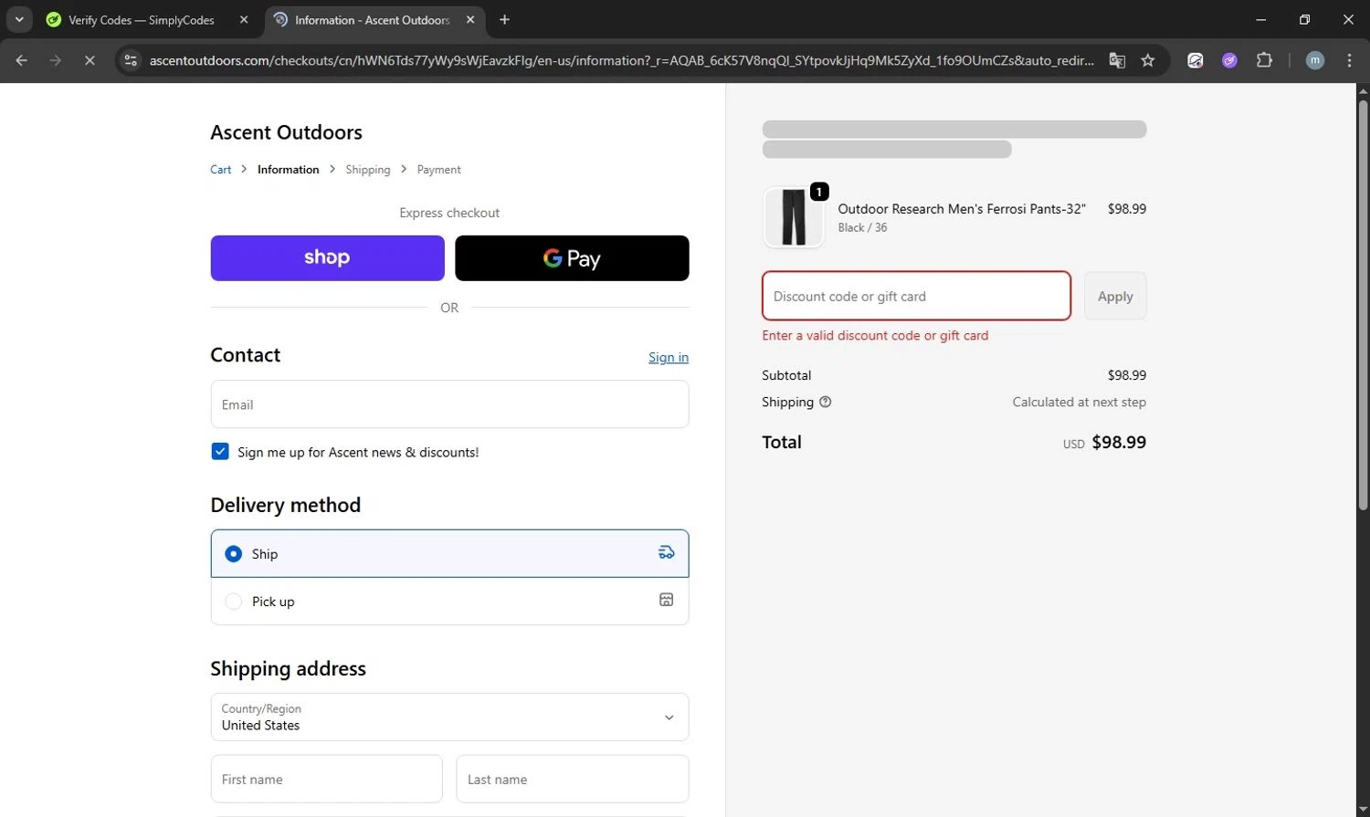 Ascent Outdoors promo code screenshot showing code AFFSHIP applied at Ascent Outdoors checkout page. Uploaded by SimplyCodes community member acostaacosta on Dec 15, 2025