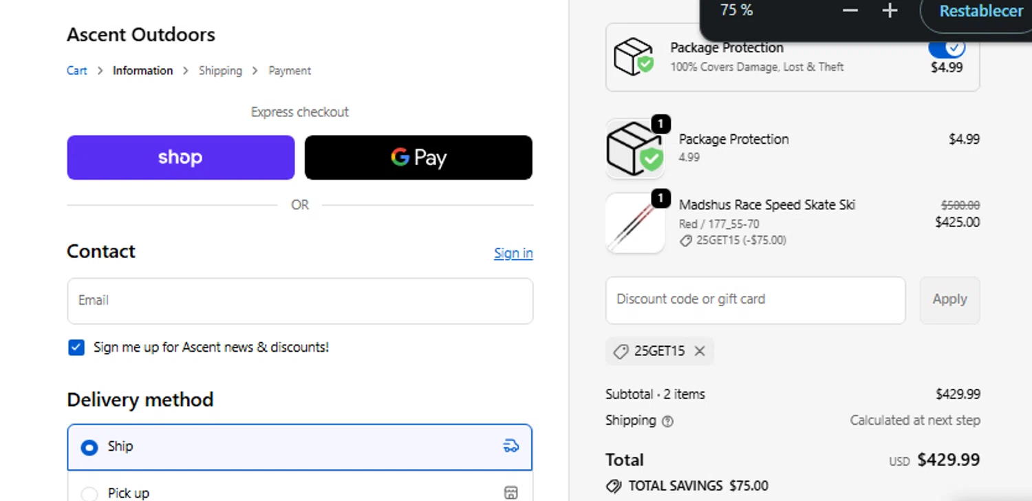 Ascent Outdoors promo code screenshot showing code 25GET15 applied at Ascent Outdoors checkout page. Uploaded by SimplyCodes community member Jhonny on Nov 19, 2025