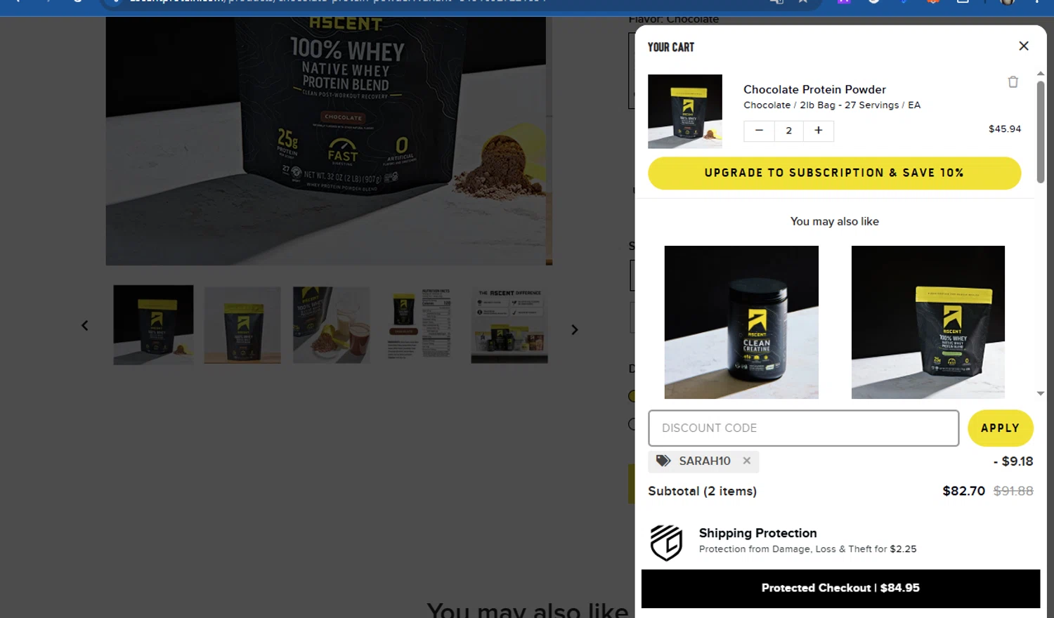 Ascent Protein discount code screenshot showing code SARAH10 applied at Ascent Protein checkout page. Uploaded by SimplyCodes community member Acidwire on Sep 23, 2025