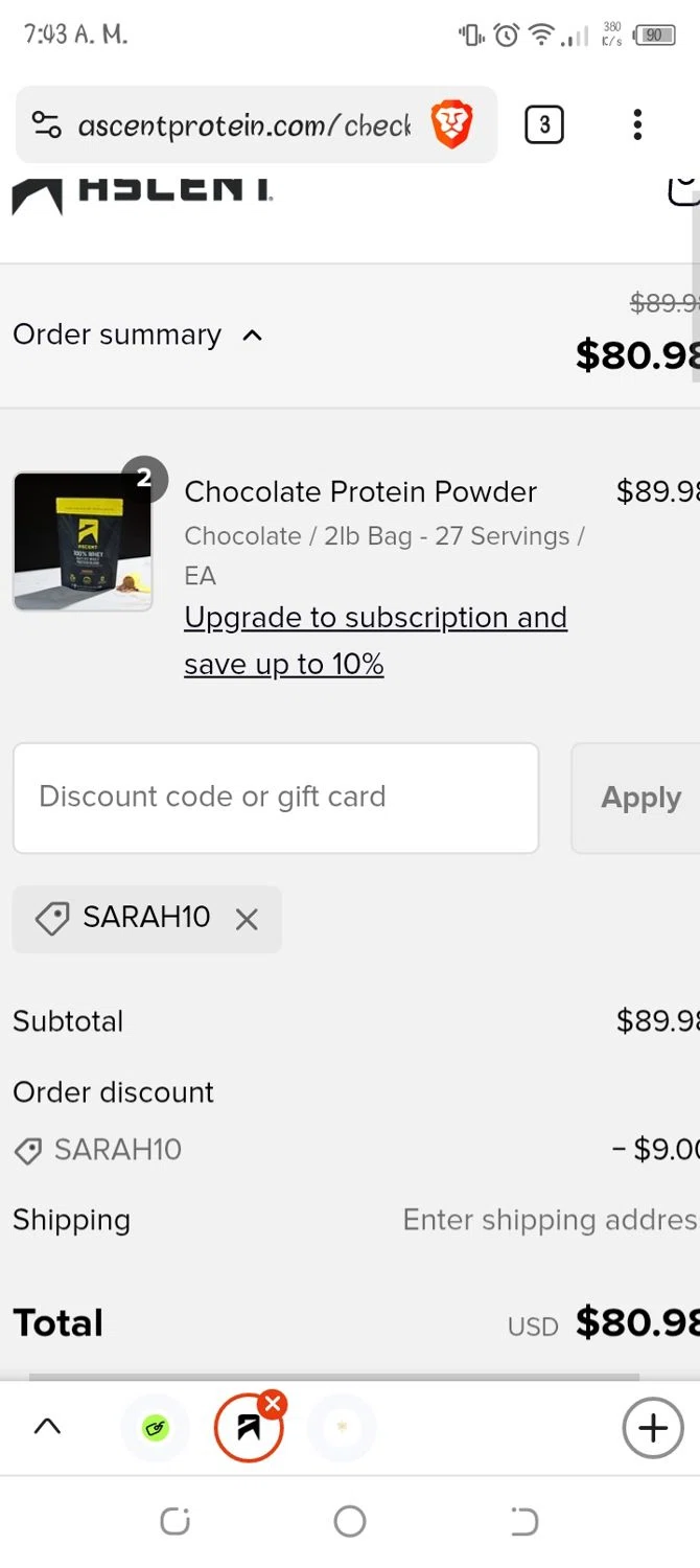 Ascent Protein discount code screenshot showing code SARAH10 applied at Ascent Protein checkout page. Uploaded by SimplyCodes community member Navarro10 on Feb 16, 2025