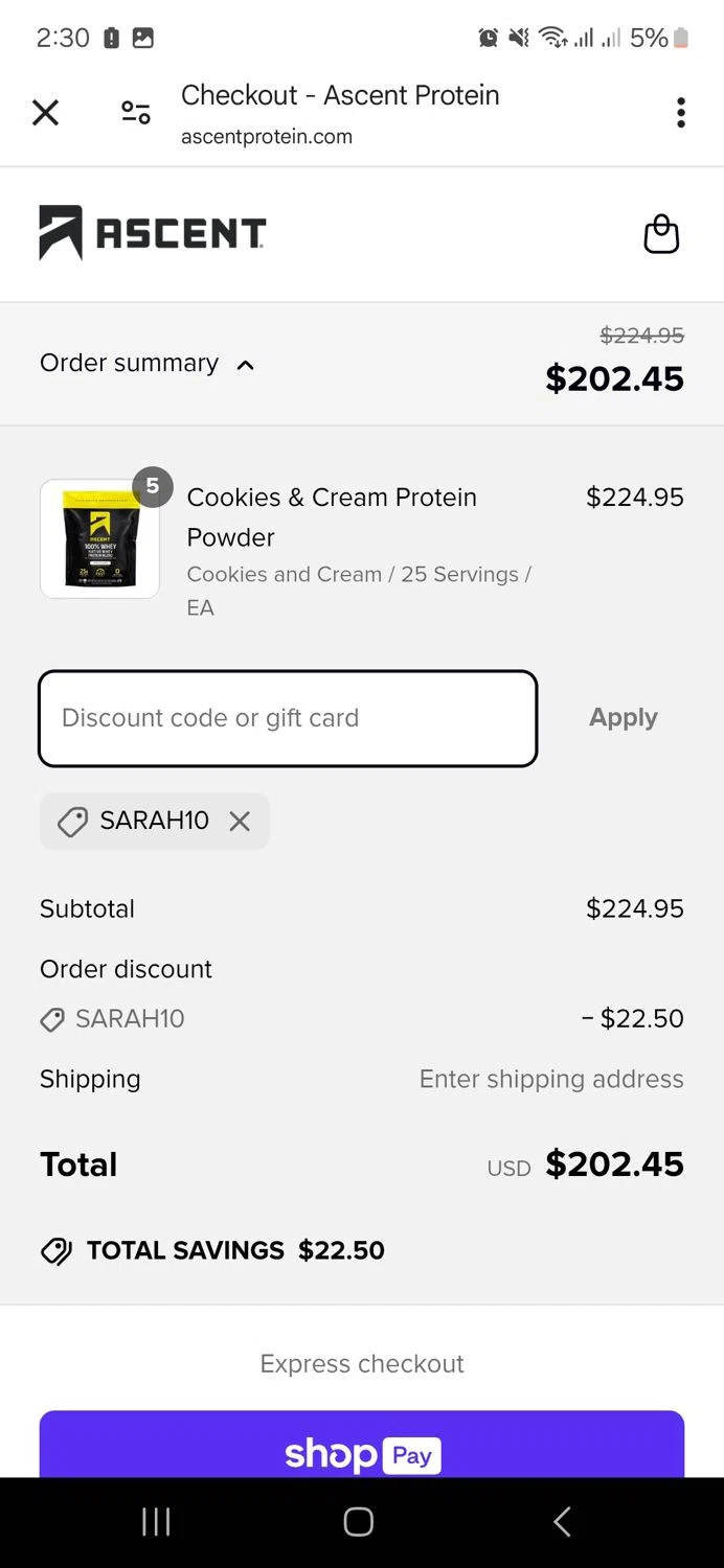Ascent Protein discount code screenshot showing code SARAH10 applied at Ascent Protein checkout page. Uploaded by SimplyCodes community member ronyacosta on Apr 3, 2025