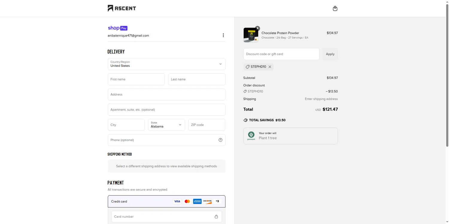 Ascent Protein discount code screenshot showing code Stephd10 applied at Ascent Protein checkout page. Uploaded by SimplyCodes community member CouponAdmiral9918 on Jun 30, 2025