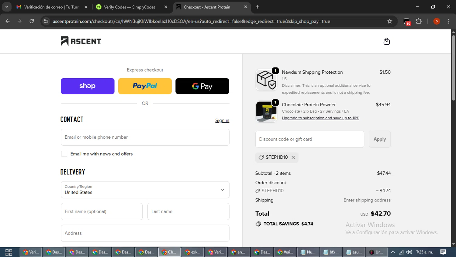 Ascent Protein discount code screenshot showing code Stephd10 applied at Ascent Protein checkout page. Uploaded by SimplyCodes community member WiseTracker2171 on Oct 9, 2025