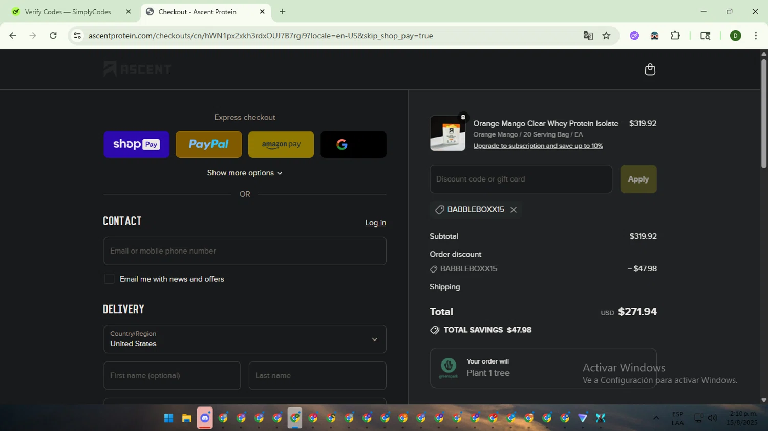 Ascent Protein discount code screenshot showing code BABBLEBOXX15 applied at Ascent Protein checkout page. Uploaded by SimplyCodes community member BargainGuardian5495 on Aug 15, 2025