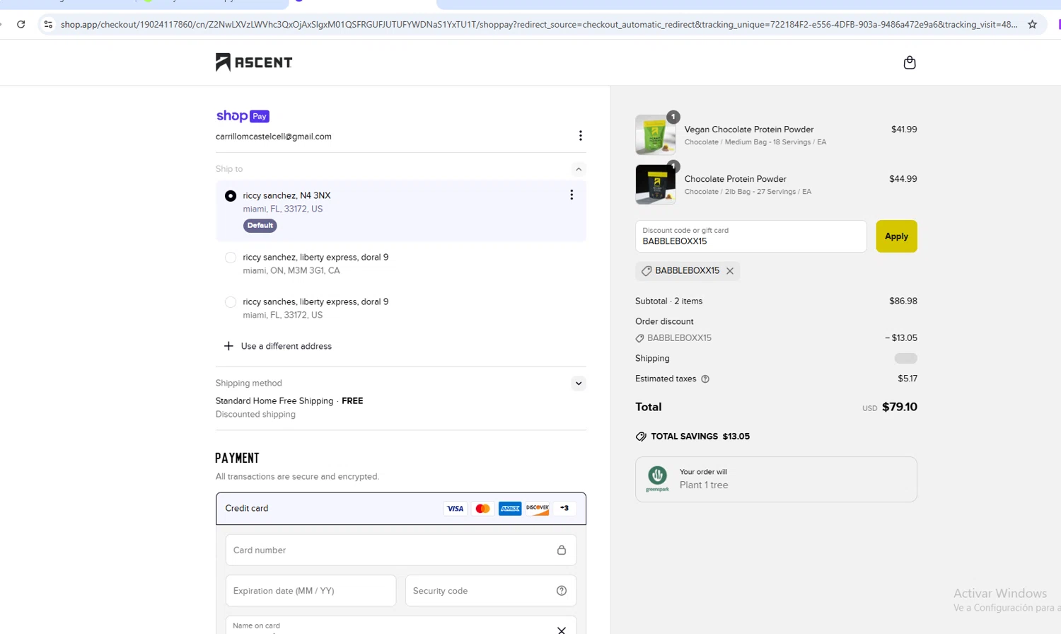 Ascent Protein discount code screenshot showing code BABBLEBOXX15 applied at Ascent Protein checkout page. Uploaded by SimplyCodes community member MightyMaven4946 on Jun 5, 2025