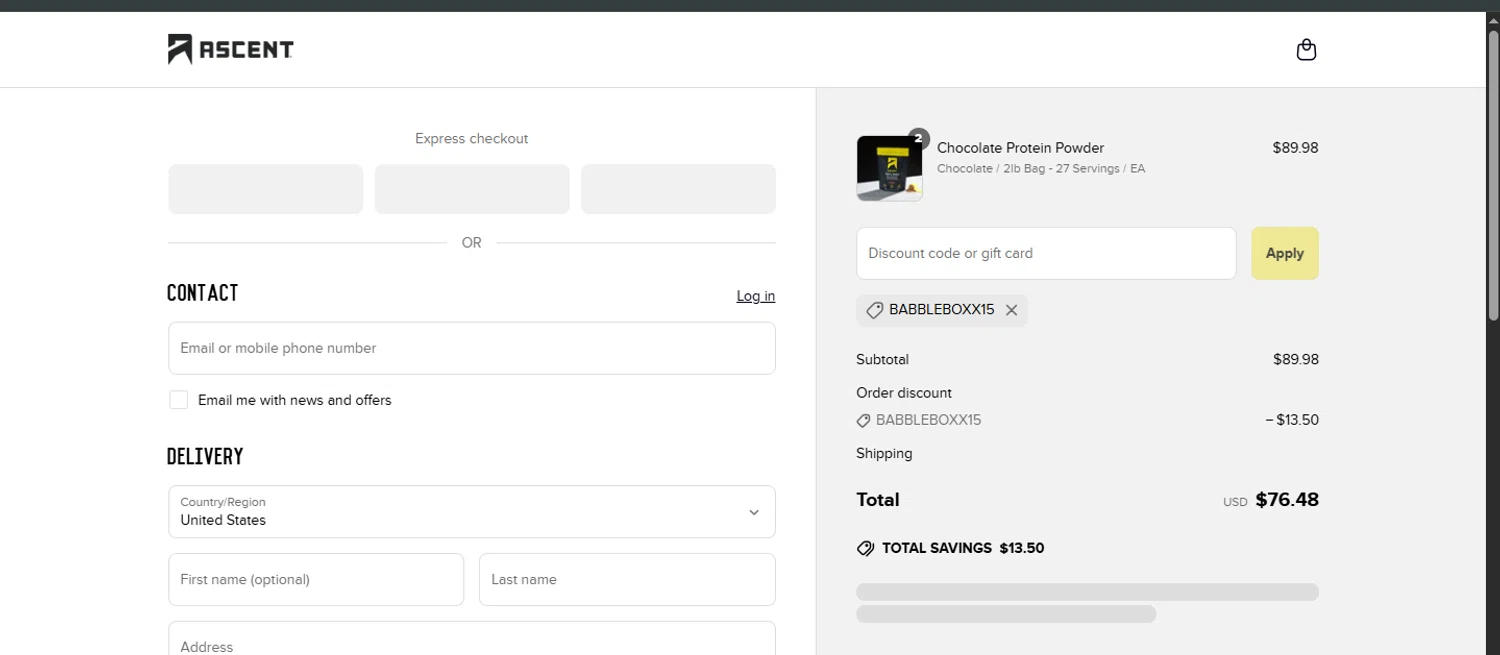 Ascent Protein discount code screenshot showing code BABBLEBOXX15 applied at Ascent Protein checkout page. Uploaded by SimplyCodes community member NobleMaestro676 on Jun 17, 2025