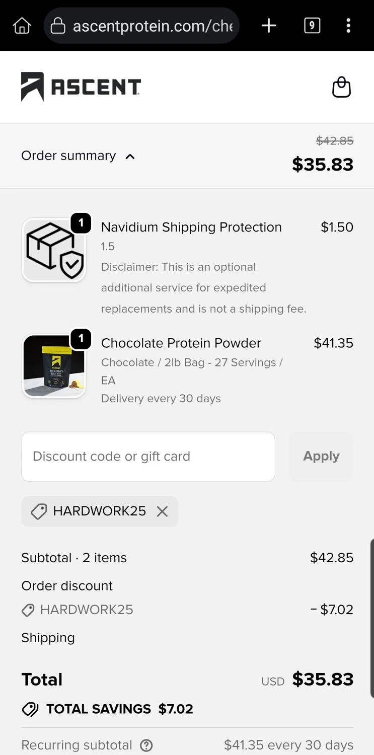 Ascent Protein discount code screenshot showing code HARDWORK25 applied at Ascent Protein checkout page. Uploaded by SimplyCodes community member Carloslvz on Dec 3, 2025
