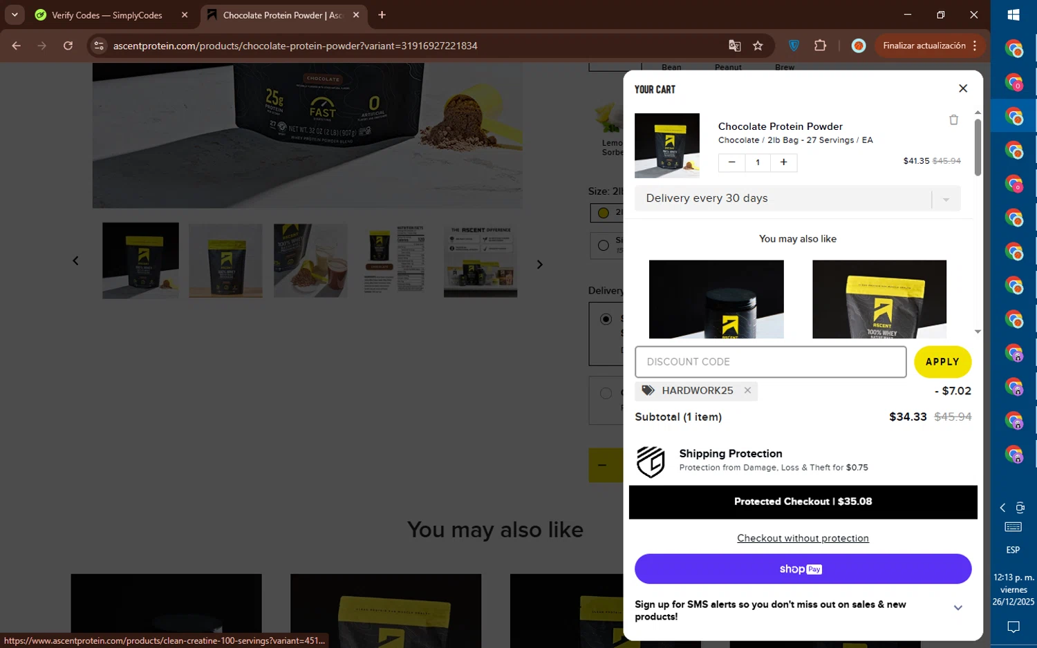 Ascent Protein discount code screenshot showing code HARDWORK25 applied at Ascent Protein checkout page. Uploaded by SimplyCodes community member DealElite4728 on Dec 26, 2025