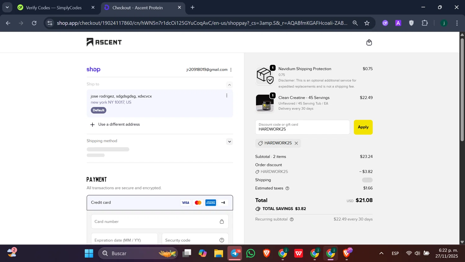 Ascent Protein discount code screenshot showing code HARDWORK25 applied at Ascent Protein checkout page. Uploaded by SimplyCodes community member MoneyScholar5687 on Nov 27, 2025