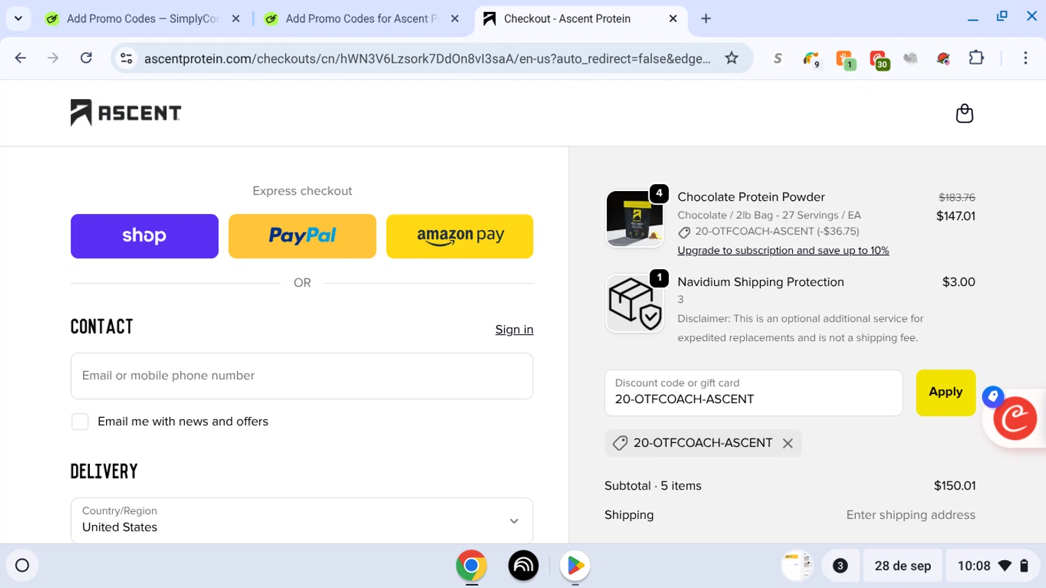 Ascent Protein discount code screenshot showing code 20-OTFCOACH-ASCENT applied at Ascent Protein checkout page. Uploaded by SimplyCodes community member shark12 on Sep 28, 2025