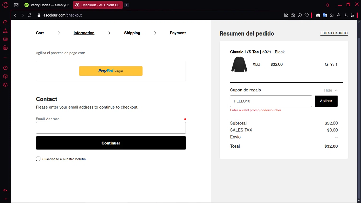 AS Colour promo code screenshot showing code HELLO10 applied at AS Colour checkout page. Uploaded by SimplyCodes community member TOLUENO on Apr 17, 2025