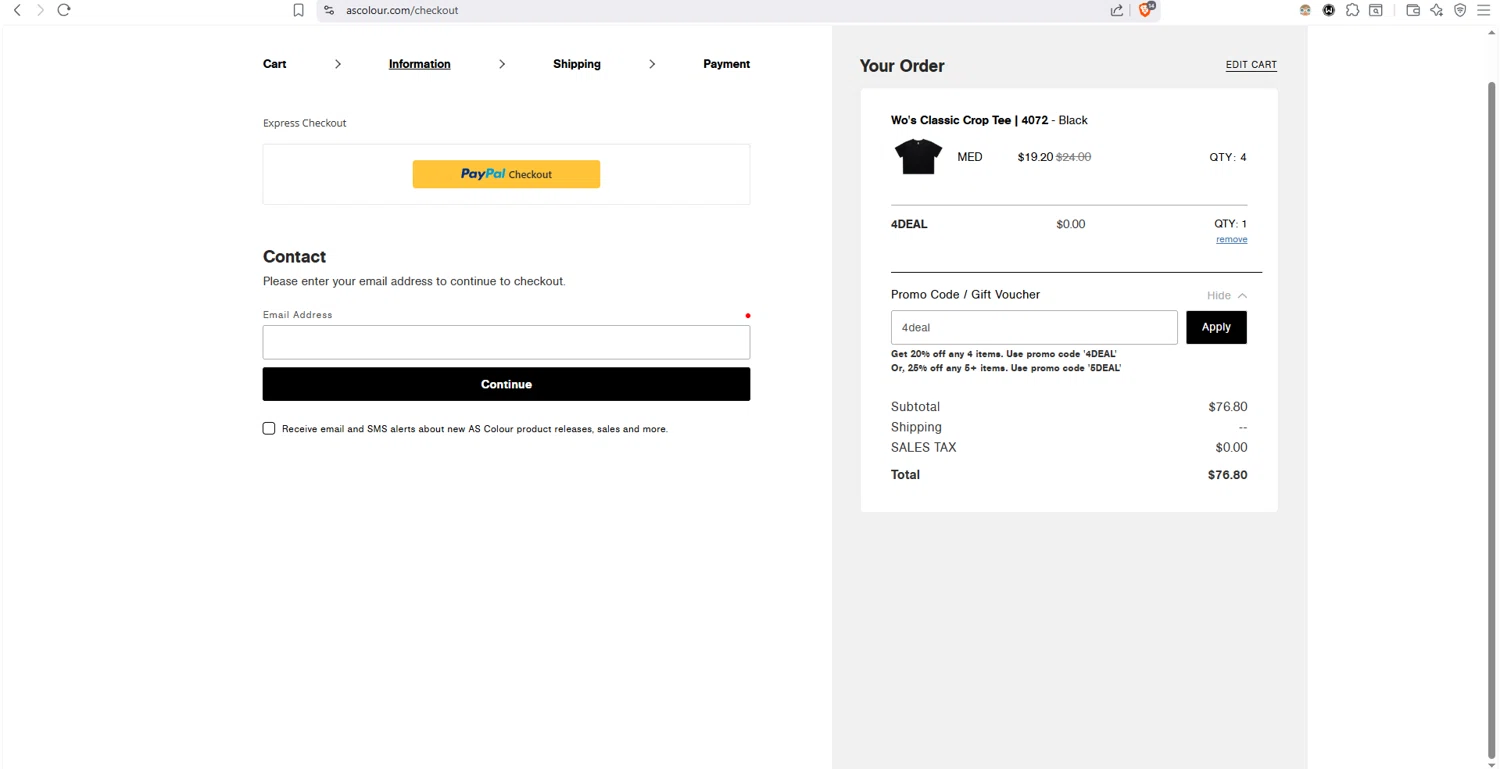 AS Colour checkout page showing AS Colour promo code box | Screenshot taken by SimplyCodes community member on Feb 4, 2026