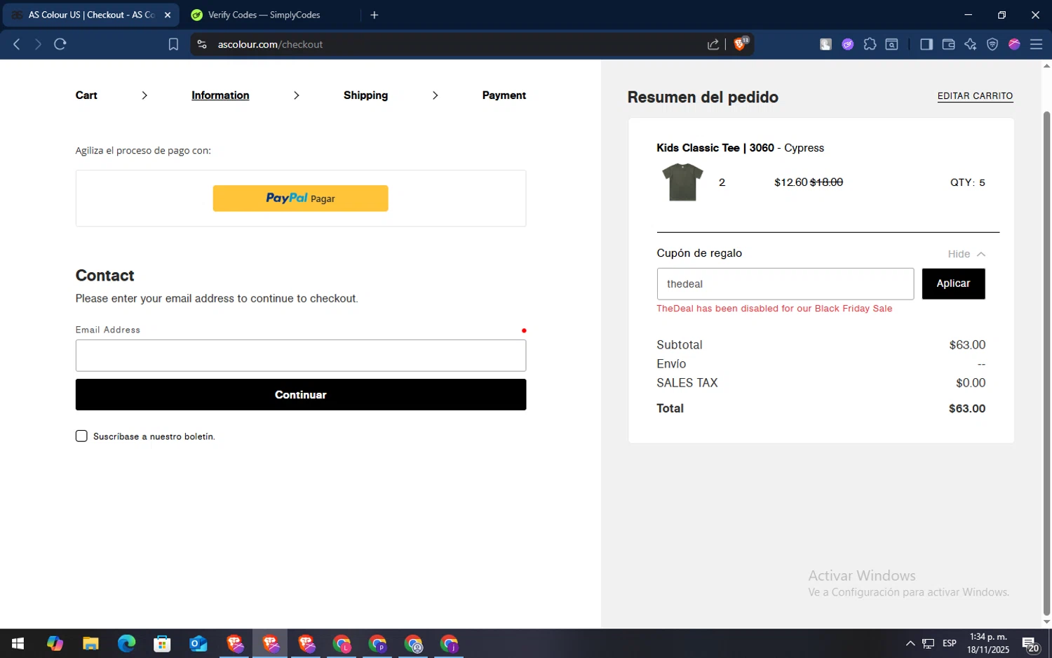 AS Colour promo code screenshot showing code thedeal applied at AS Colour checkout page. Uploaded by SimplyCodes community member TokenSaver1205 on Nov 18, 2025