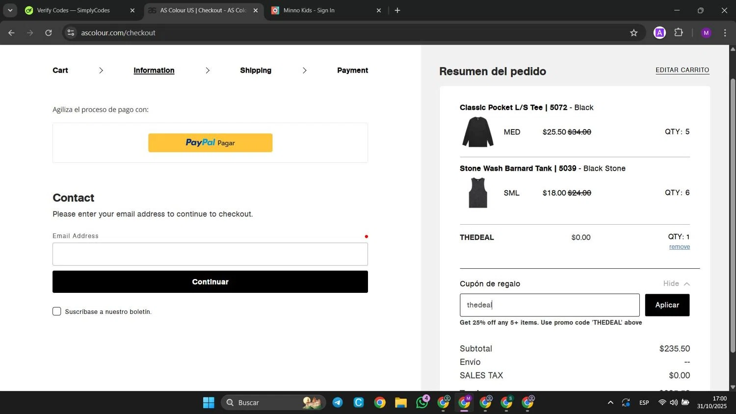 AS Colour checkout page showing AS Colour promo code box | Screenshot taken by SimplyCodes community member on Oct 31, 2025