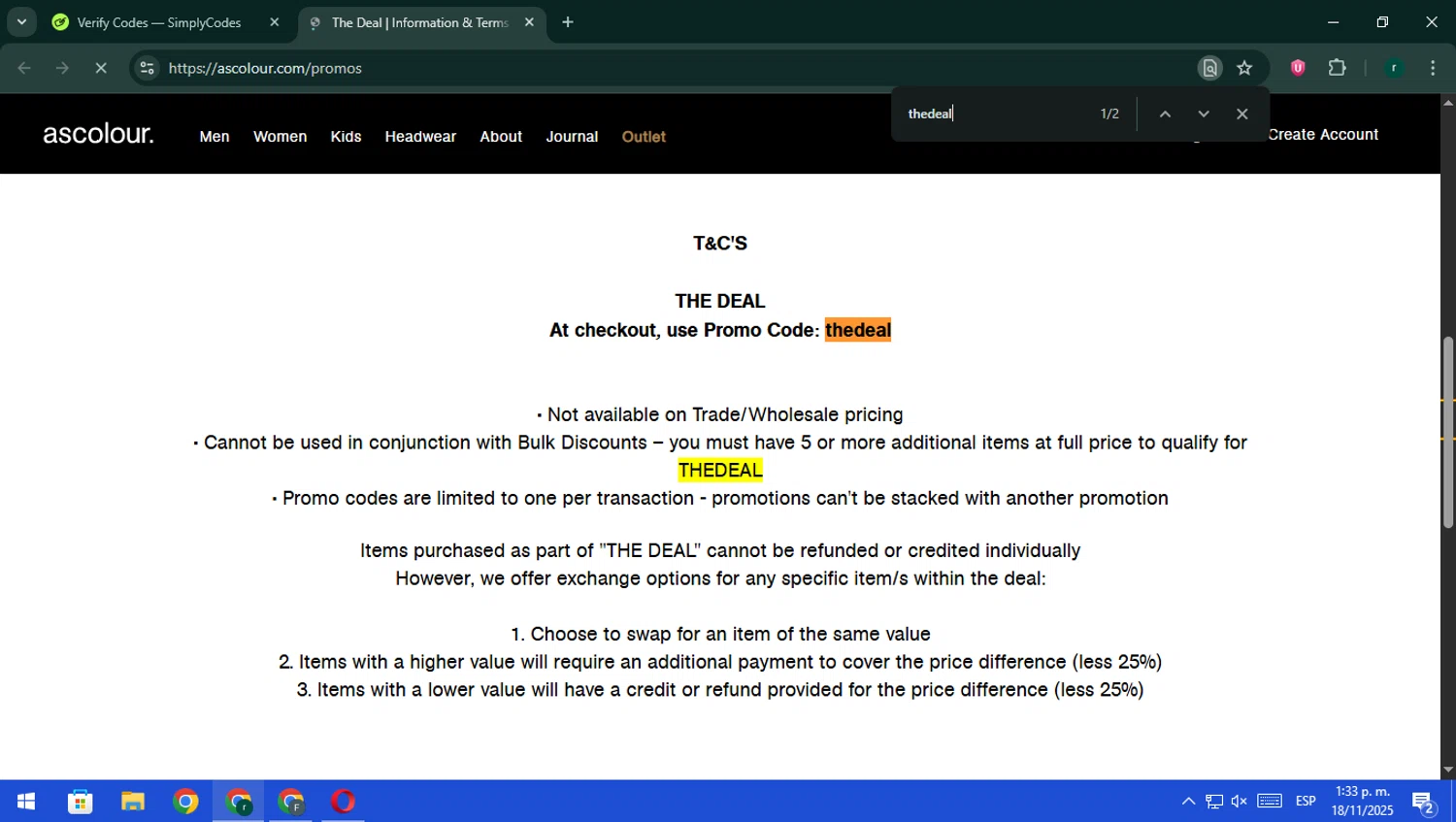 AS Colour promo code screenshot showing code thedeal applied at AS Colour checkout page. Uploaded by SimplyCodes community member rodri1 on Nov 18, 2025
