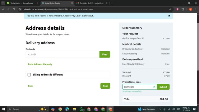 ASDA checkout page showing ASDA discount code box | Screenshot taken by SimplyCodes community member on Jul 8, 2025