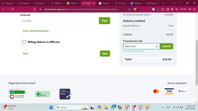 ASDA checkout page showing ASDA discount code box | Screenshot taken by SimplyCodes community member on Dec 21, 2024