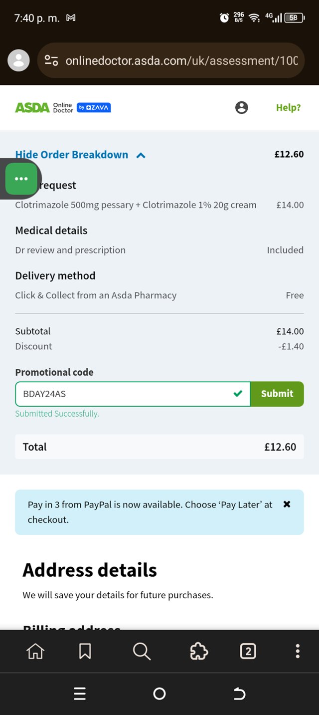 ASDA checkout page showing ASDA discount code box | Screenshot taken by SimplyCodes community member on Sep 3, 2025