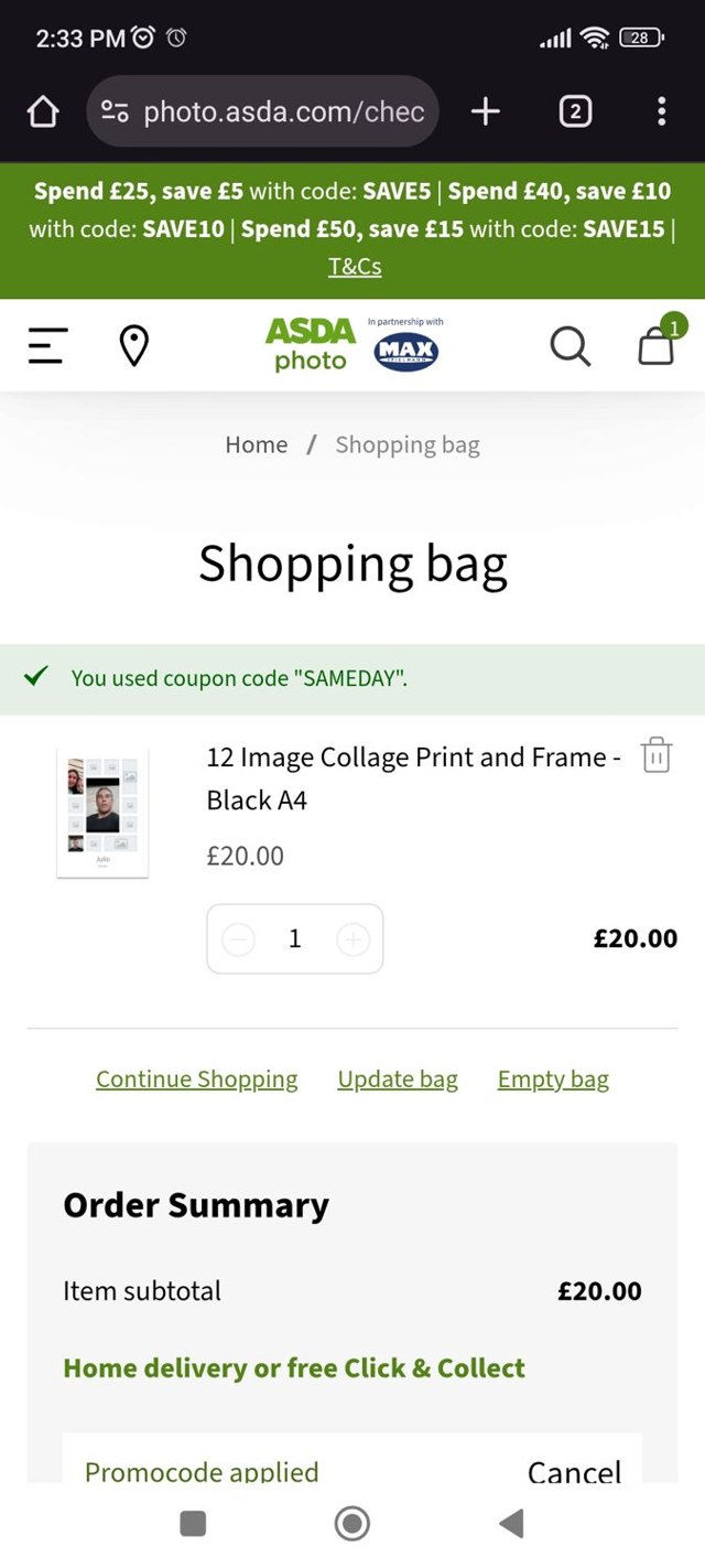 ASDA checkout page showing ASDA discount code box | Screenshot taken by SimplyCodes community member on Jul 6, 2025