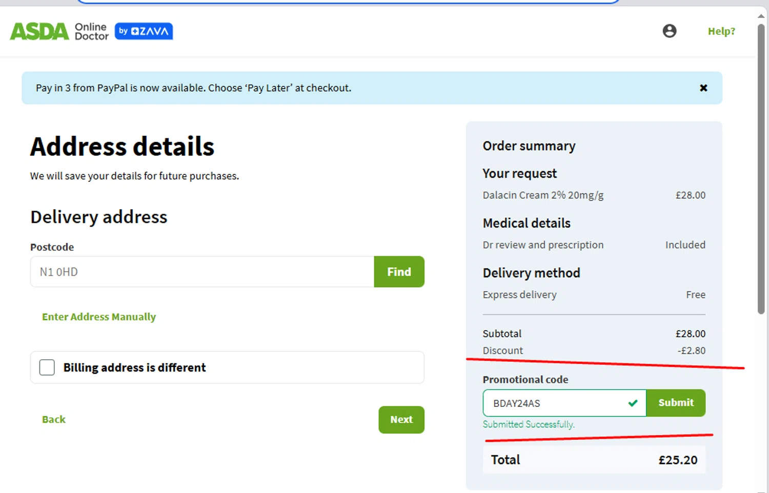 Asda Loans promo code screenshot showing code BDAY24AS applied at Asda Loans checkout page. Uploaded by SimplyCodes community member paola49520 on Jul 29, 2025