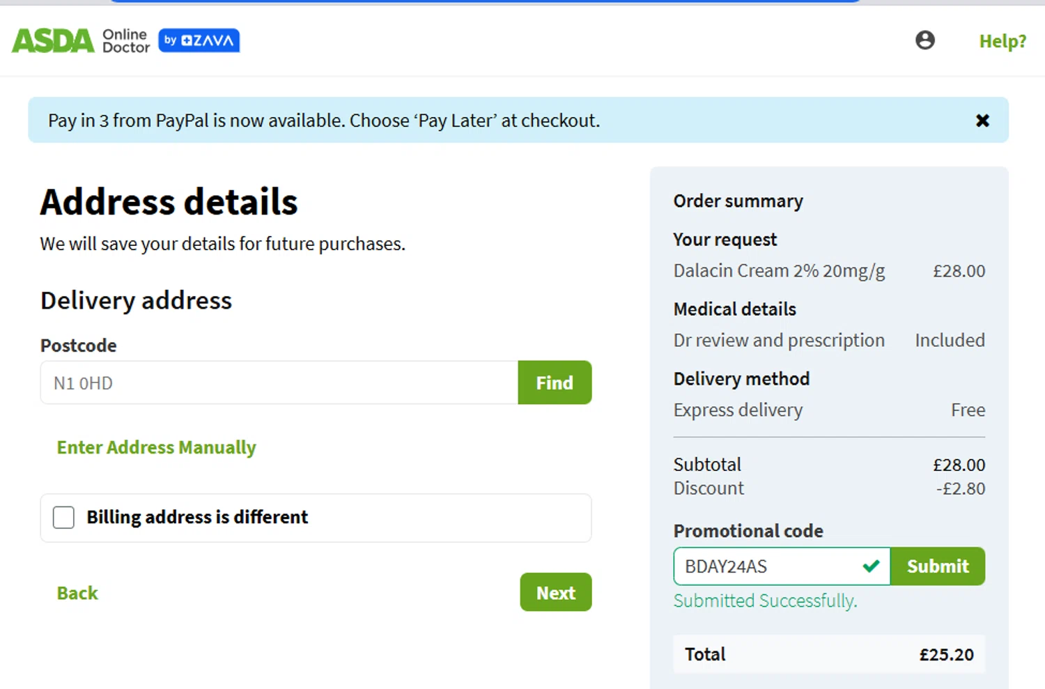 Asda Loans promo code screenshot showing code BDAY24AS applied at Asda Loans checkout page. Uploaded by SimplyCodes community member carmennoviko on Sep 2, 2025