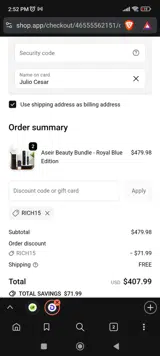 Aseir Custom coupon verification screenshot