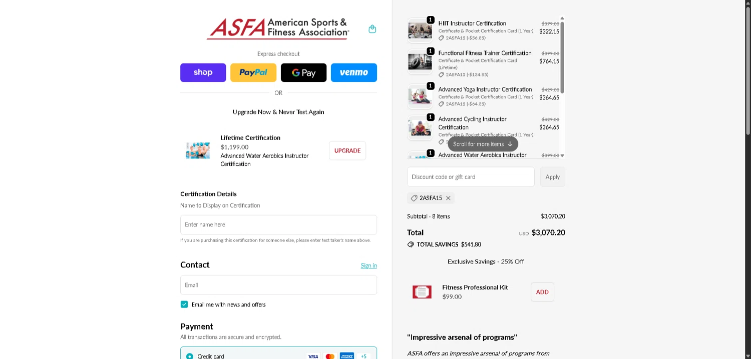 ASFA promo code screenshot showing code 2ASFA15 applied at ASFA checkout page. Uploaded by SimplyCodes community member VictoriousFinder4393 on Feb 23, 2026