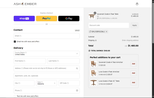 Ash & Ember checkout page showing Ash & Ember discount code box | Screenshot taken by SimplyCodes community member on May 3, 2025