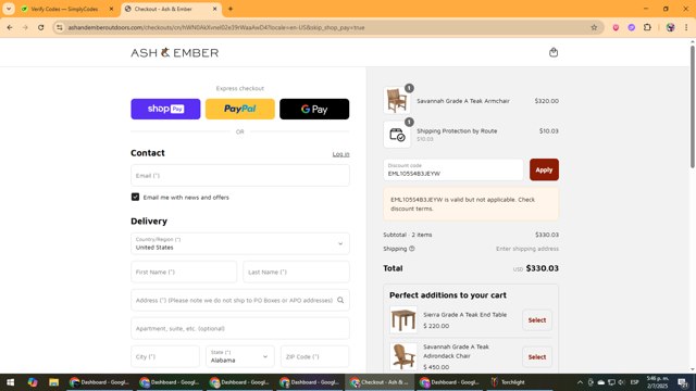 Ash & Ember checkout page showing Ash & Ember discount code box | Screenshot taken by SimplyCodes community member on Jul 2, 2025